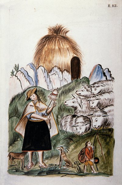 トルヒーヨ司教バルタサル・マルティネス・コンパニオン・イ・ブジャンダ（1782-1785）の著書「トルヒーヨ・デル・ペルー」（「Códice Martínez Compañón」）に登場する、群れを連れて小屋の近くにいるインディアンの羊飼いの女性。 作： Unknown artist