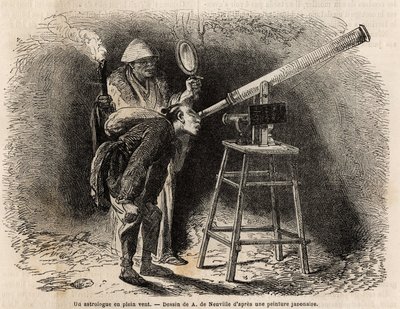 占星術師が屋外で望遠鏡を使って空を調べている。1863年から1864年にかけてスイス連邦公使アイム・アンベールが行った日本への航海を説明するためのエングレーヴィング。 作： Unknown artist