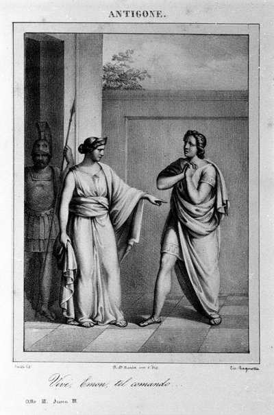 アンティゴネ』第1幕第3場。1783年にヴィットリオ・アルフィエリがギリシャ神話を題材に書いたイタリアの悲劇。18世紀のエングレーヴィング。 作： Unknown artist