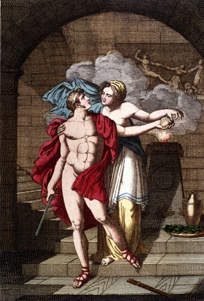 アリアンヌはテセウスに糸を渡し、彼が迷路から抜け出せるようにする - in Dizionario mitologico 作： Unknown artist