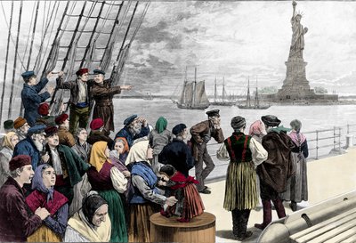 ニューヨークの港に到着した移民の家族、自由の女神像が見える。1888年「Harper
