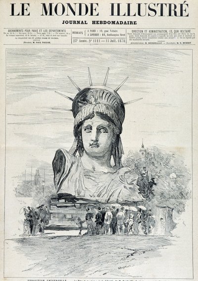 1878年の万国博覧会で、ニューヨーク港に向けて作られたバルトルディ作の自由の女神の頭部 - 1878年7月13日付「The Illustrated World」紙 作： Unknown artist