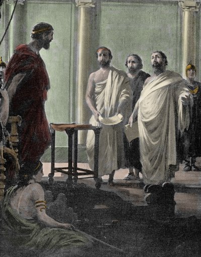 ペリクレスやソクラテスの弟子であり、407年にアテネの民主主義政権に追放された後に呼び戻されたアテネの将軍・政治家アルキビアデス（紀元前450～紀元前404年）。19世紀に描かれた版画 作： Unknown artist