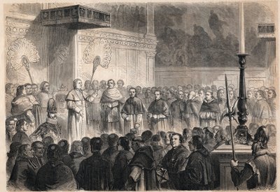 1597年に日本で磔にされた26人の「日本の殉教者」の列福を記念して、ローマのシスティーナ礼拝堂で行われた教皇ピオ9世（Pio）（1792-1878）による外国人教会関係者への謁見。 作： Unknown artist