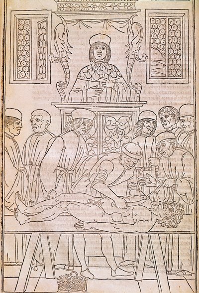 Autopsy.Codice。解剖学の研究のために医師が解剖する死体のこと。"Fascicula Medicinae".Johannes Kethanによる医師のファシクルの写本 作： Unknown artist