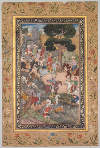 Babur-nama (Babur の回想録) より、Kohik 川で Sultan Ali Mirza と会う Babur 作： Unknown artist