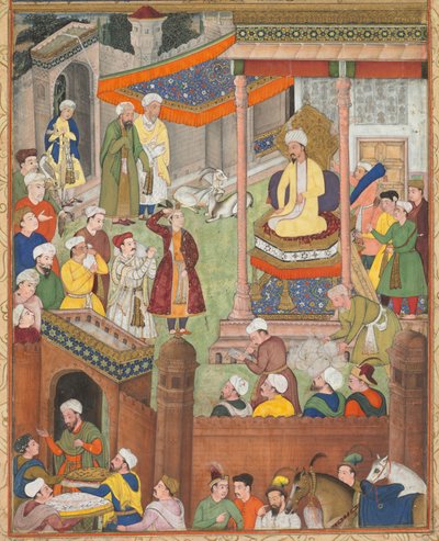 バブールは、1526 年にスルタン イブラヒムに勝利した後、アブール ファズル (インド、1551–1602) のアクバル ナマ (アクバルの書) から、戦利品とフマユーンの敬礼を受け取ります。 作： Unknown artist