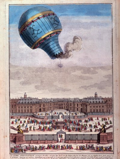 気球飛行：1783年9月、ヴェルサイユ城の前でのモンゴルフィエ兄弟の体験。18世紀のエングレーヴィング。パリ、B.N. 作： Unknown artist