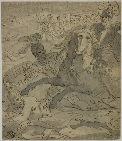 フォア グラウンドで馬に乗って将軍を充電している戦闘シーン、バック グラウンドで大砲と大砲 作： Unknown artist