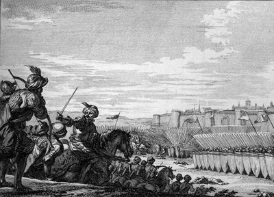 732年、シャルル・マルテル軍とサラセン人とのポワチエの戦い。18世紀のエングレーヴィング。 作： Unknown artist
