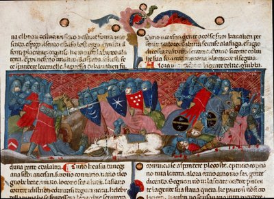 戦いの場面、鎧を着た戦士がぶつかり合う 1340年頃 フィレンツェ、Biblioteca Riccardiana所蔵の写本ページ「ローマ人の事実」（Ms.1538）の細部 作： Unknown artist