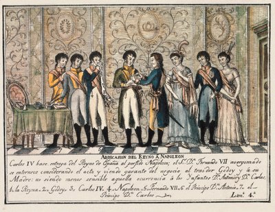 1808年、アランフェスの反乱をきっかけに、スペイン王シャルル4世が退位し、息子のフェルディナンド7世（フェルナンド7世）の前にナポレオン1世に王位を譲った際のバイヨンヌのインタビュー。 作： Unknown artist