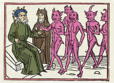 ベリアルの裁判"ベリアルの悪魔は他の4つの悪魔を伴ってソロモン判事の前に現れる" "ヤコブス・デ・テラモ（またはパラディーノ）の「ベリアルの裁判」からのエングレーヴィング、アウスブルグ 作： Unknown artist