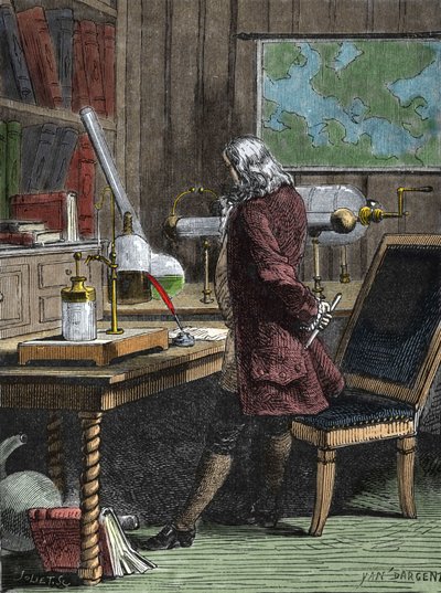 哲学者、物理学者、アメリカ大使であるベンジャミン・フランクリン（1706-1790）の研究室（フィラデフィア）。 作： Unknown artist