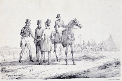 競馬場の端で馬に乗ったジョッキーと賭けをする - リトグラフ, deb.19世紀 作： Unknown artist