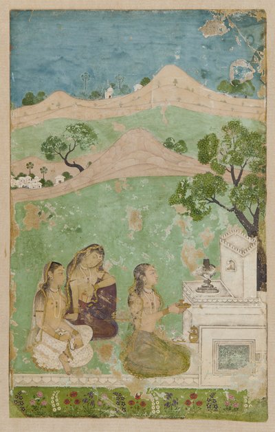Bhairavi Ragini (音楽モード): 神社の前に 3 人の人物 作： Unknown artist