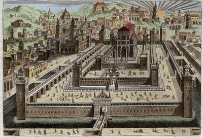 ローヤルモンの聖書、旧約聖書。ソロモンの神殿 - ソロモンがエルサレムに神殿を建てた - 1811年のイラスト 作： Unknown artist