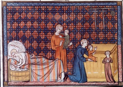 フランス王ルイ9世またはサン・ルイ（1214-1270）の誕生と教育。サン・パストゥスのウィリアムによる写本「サン・ルイの生涯と奇跡」のミニチュア 作： Unknown artist