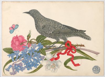 花と蝶と赤いリボンの黒い鳥 作： Unknown artist