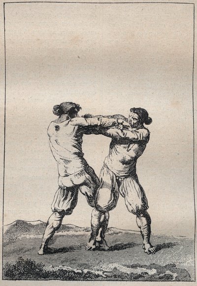 ジャック・カンブリ（1749-1807）の「Voyage dans le Finistere ou État de ce département en 1794 et 1795」に掲載されたブルトン人力士の版画。 作： Unknown artist