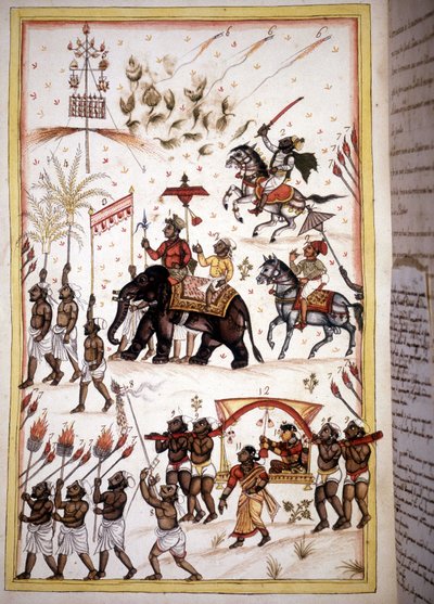 高い社会階級の配偶者の花嫁行列 - Stefano Nivibus Cardeiraの写本(ms.8300)「Mogolの歴史」(MoghulまたはMoghol)のページ。18世紀。ヴェネツィア、ビブロテカ・マルチアーナ 作： Unknown artist