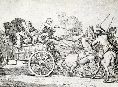 荷車の乗客を襲う山賊たち。18世紀の匿名の人物によるエングレーヴィング。 作： Unknown artist