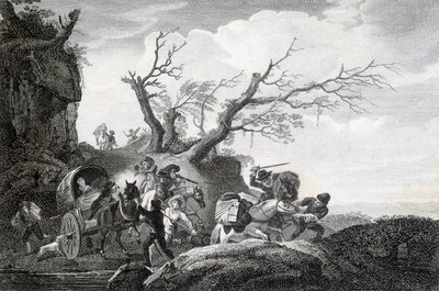 田舎道で旅人を襲う山賊たち。18世紀の匿名の人物のエングレーヴィング。 作： Unknown artist