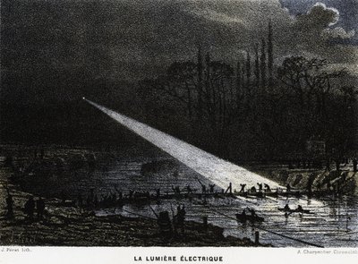 アーク灯を使って夜間にセーヌ川に防壁を築く。普仏戦争 作： Unknown artist
