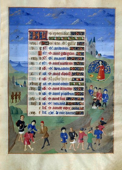 9月のカレンダーページ。"Depart of the pelerins en voyage" Inluminated manuscript page from "Book of Hours of the Duchess of Burgundy, Adelaide of Savoy" Marie Adelaide of Savoy (1686-1712)は、ドルフィン・ルイ公の妻である。 作： Unknown artist