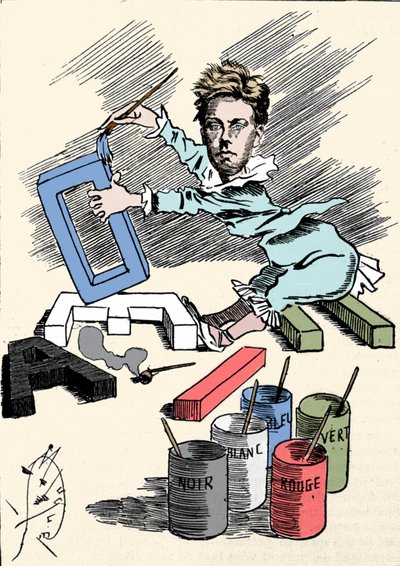 詩人アルチュール・ランボー（1854-1891）がアルファベットの文字に絵を描いている様子を描いた漫画。"Men of Today "より抜粋 作： Unknown artist