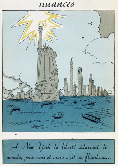 アメリカの自由の女神の漫画。"ニューヨークの自由は世界を照らす、あなたと私にとっては松明である" 作： Unknown artist