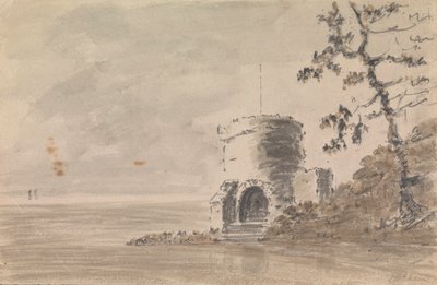 湖のある風景シーンの城跡 作： Unknown artist
