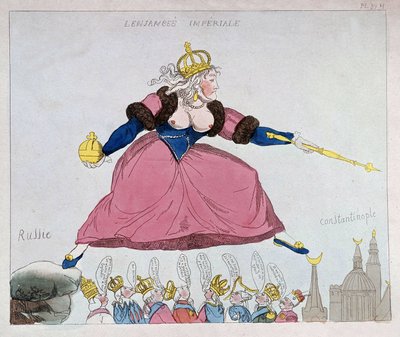 ロシアからコンスタンティノープルに飛び立つカタリーナ2世（風刺画、18世紀後半 作： Unknown artist