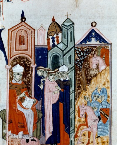 ローマ・カトリック教会の法律と規範を規定した1140年の "Decret de Gratien"（"Concordia discordantium canonum "または "Decretum Gratiani"）より、ミニチュア修道士の聖体拝領の儀式。14世紀のチェゼーナのマラテッスィー図書館 作： Unknown artist