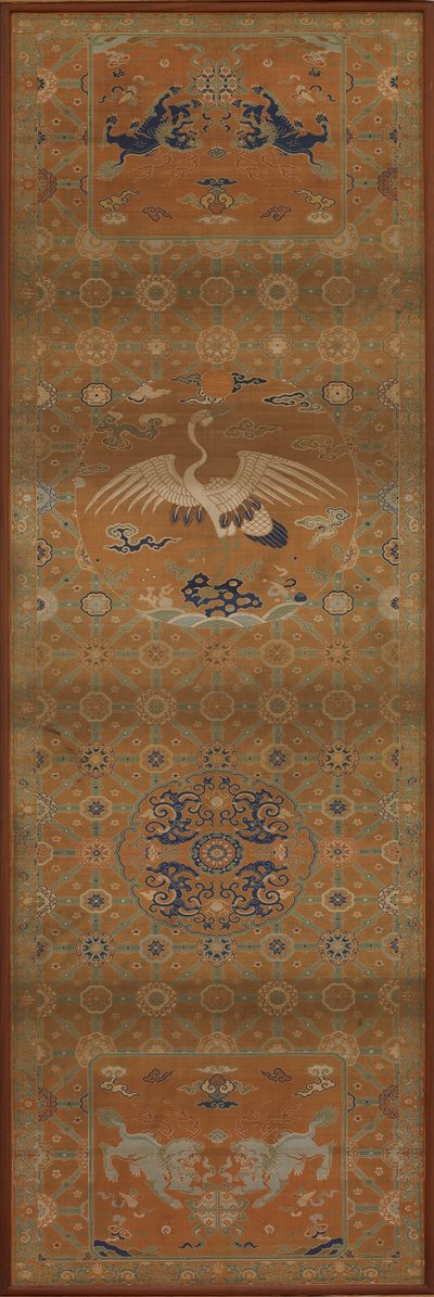 鶴、獅子、龍、縁起の良いシンボル、花柄の椅子カバー 作： Unknown artist