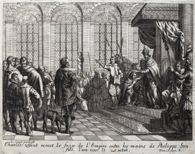 シャルル5世（1500-1558）は、10月25日に息子であるフィリップ2世（フェリペ）（1527-1598）に帝国のフェイクを渡した。 作： Unknown artist