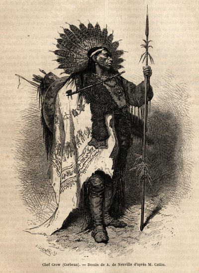 ルイス川沿いに住むクロウ・インディアン部族のイエロー・モカシン酋長。1855年にG.カトリンがコロンビアとアッパー・ミズーリの盆地のインディアン部族の間で行った旅行を説明するために描いたもので、"le tour du monde "に掲載された。 作： Unknown artist