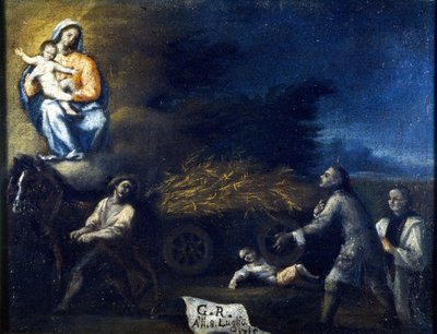 耕運機に押しつぶされた子供。サンタ・ヴァレリア・ア・セレーニョ（ミラノ）の聖域で1715年に作られたex voto。 作： Unknown artist