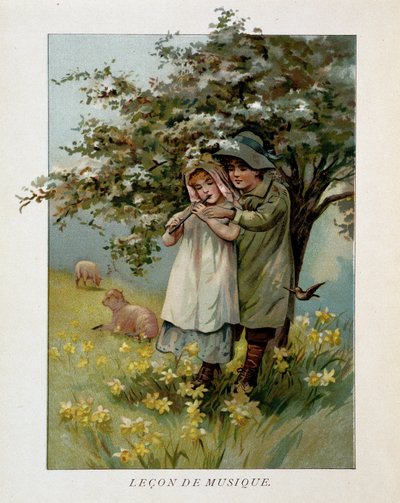 花咲く風景の中で音楽を奏でる子供たちの羊飼い、「ミュージック・ルコン」。 作： Unknown artist