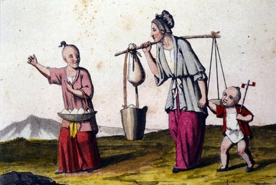 中国。水を運ぶ女性と2人の子供、大きな子供は米のかごを持っています。19世紀の版画です。 作： Unknown artist
