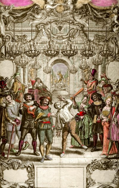 コメディア・デラルテ：ホテル・ドゥ・ブルゴーニュでのイタリア喜劇の王室一座。1689年のエングレーヴィング 個人蔵 作： Unknown artist