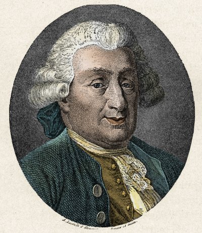 コメディア・デラルテ：イタリアの演劇人カルロ・ゴルドーニ（1707-1793）の肖像。19世紀のカラーエングレーヴィング 作： Unknown artist