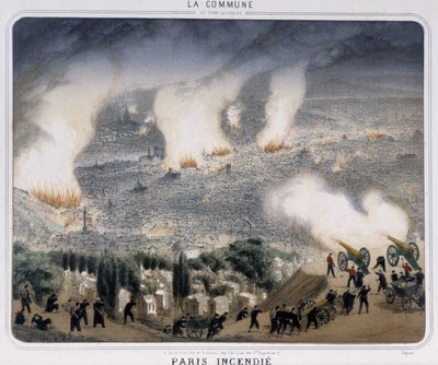 パリのコミューン。パリの火事パリに向かって大砲を撃つコミューン派。1871. 作： Unknown artist