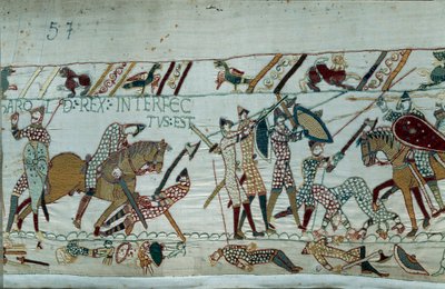 ノルマンディー公爵によるイングランドの征服 1066年 征服王ウィリアム（1027-1087）：ヘイスティングスの戦いでハロルド2世が目に矢を受けて死亡 バイユーのタペストリーまたはマチルド王妃の刺繍の細部 作： Unknown artist