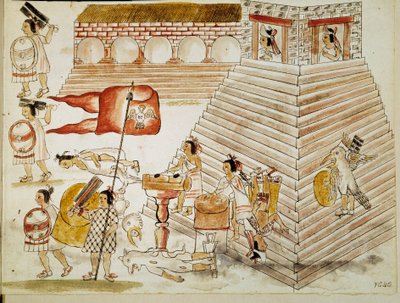 Conquete of Mexico：1520年6月24日、征服者エルナン・コルテス（Hernando Cortez）（1485-1547）の武器によるアステカ帝国の首都テノチティトランの破壊」手稿からの縮小図 作： Unknown artist