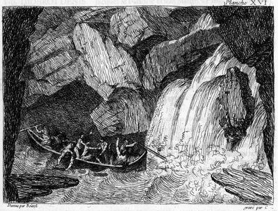 絵に描いたような航海とナビゲーション」の銅版画。1795年、Boissel De Monville Thomas Charlesによる「航行不可能とされるローヌ川の一部で実行された」銅版画。 作： Unknown artist