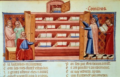 ローマの伝記作家コルネリウス・ネポス（Cornelius Nepos）（紀元前100-25年）は、衣装棚でフリジア人ダレスのトロイの歴史を発見する。Benoit de Sainte-Maure（12世紀）の『トロイのロマン』（フォリオ2v）のミニチュア。 作： Unknown artist