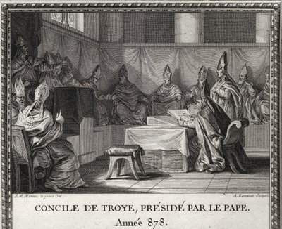 878年9月7日、トロイの公会議。878年5月、サラセン人とイタリア貴族に脅かされた教皇ヨハネ8世は、ボソン公とその妻エルメンガルドの下、アルルに避難してくる。彼はトロイで彼に同行し、あるいは大会議を組織している。 作： Unknown artist