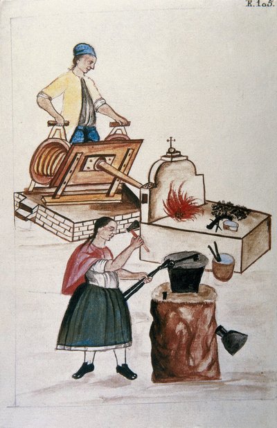 トルヒーリョ司教バルタサル・マルティネス・コンパニオン・イ・ブジャンダ（1782-1785）の著書「トルヒーリョ・デル・ペルー」（Códice Martínez Compañón）に登場する、鍛冶屋で鉄を加工するモヨバンマのメティスのカップル。 作： Unknown artist