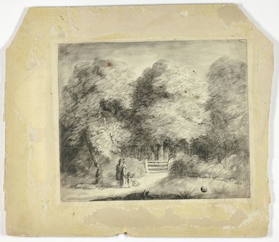 公園の入り口で子供と犬とカップル 作： Unknown artist